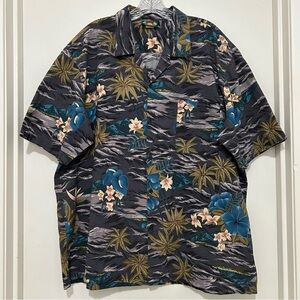 Rare Vtg Hawaii Blues XXL Dark Tropical Aloha Shirt Black Gray Floral Palm Camp